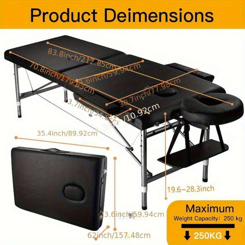 Portable Massage Table Folding Aluminum Frame PU Leather Adjustable Height 3-Section Spa Bed for Lash Extensions Esthetician Tattoo Facial Waxing Home Salon Use with Carrying Bag