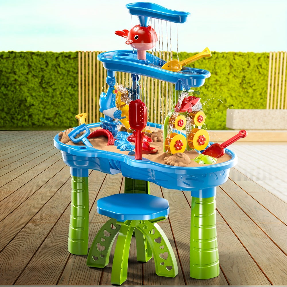 Sand and Water Table for Toddlers 3-Tier – Outdoor Sensory Play Set with Shovel Scoop & Strainer, BPA-Free Backyard Beach Summer Activity Toy for Boys & Girls Ages 2 3 4 5 6 (Blue)
