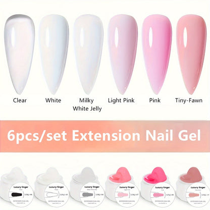 Builder Gel Nail Extension Set 6 Colors 0.51oz Each Crystal Clear White Milky Jelly Light Pink Pink Nude - Alcohol-Free UV LED Self-Leveling Salon Quality Nail Art Kit for Women Extensions Overlays French Manicure