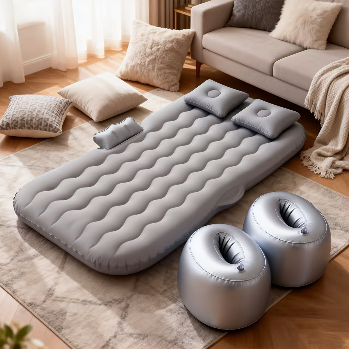 Premium Blue Gray And Beige Black Portable Inflatable Car Mattress, Car Beds for Vehicles, PVC Material, Suitable for Backseat Sleeping, Outdoor Camping Picnic Travel Cushion Bed, Car Additions for Men