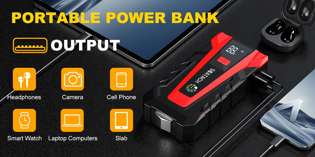 The Car Emergency Starter Power Supply Comes with A Digital Tire Pressure Gauge And Air Pump, A Window Breaker Hammer, And Is Suitable for 12V Cars, Trucks, SUV, Rvs, And Motorcycles. It Features A Multi-Functional Portable LED Display, SOS