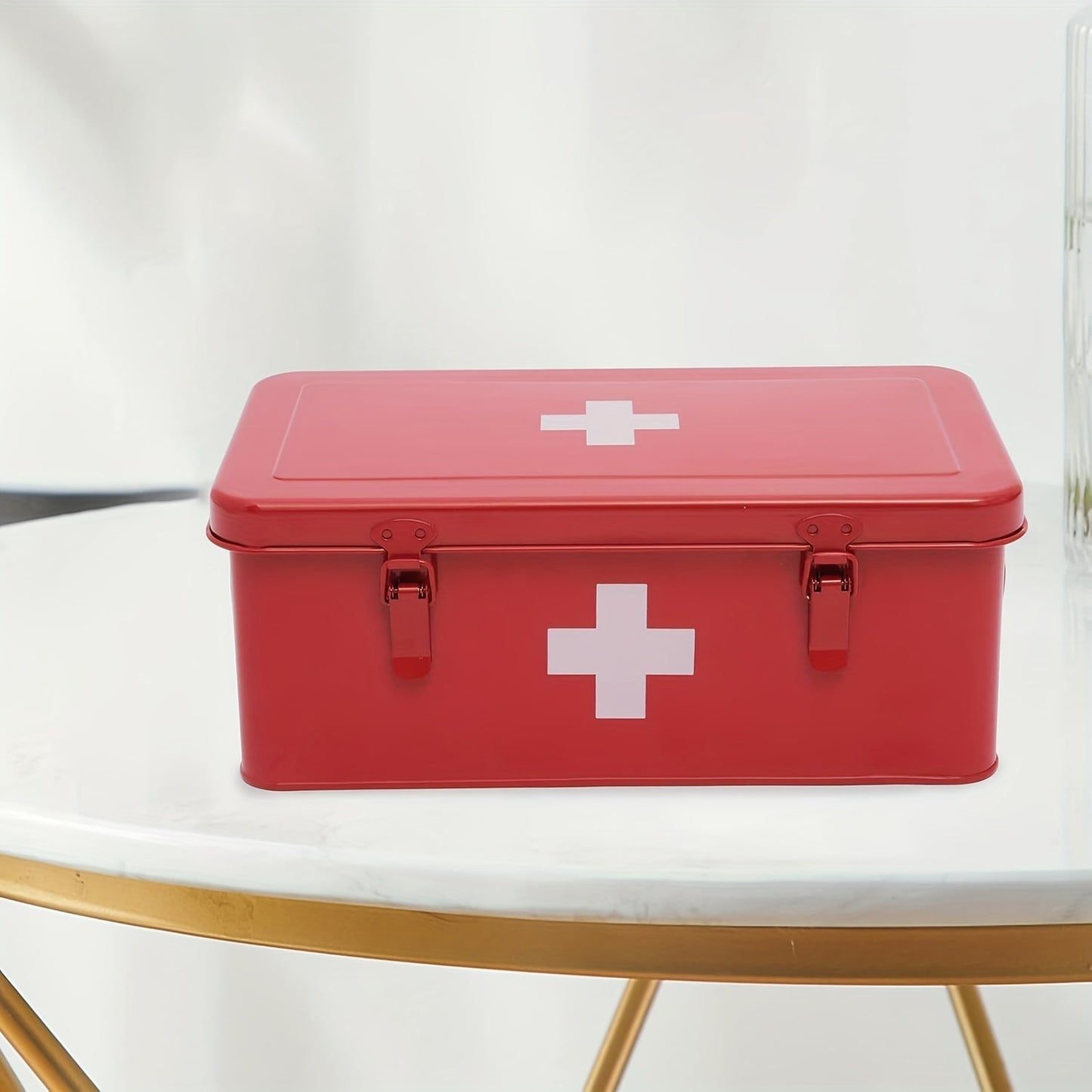Metal First Aid Box with Safety Lock – Empty Medicine Storage Tin & Emergency Supply Organizer for Home Office Car Camping, Durable Steel First Aid Kit Container in Green Red White