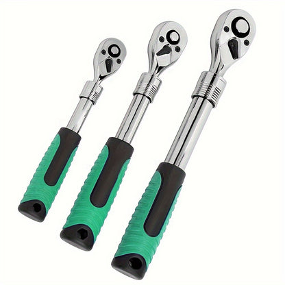 3-Piece Extendable Ratchet Set - 1/4 3/8 1/2 Inch Extendable Socket Wrench, 72-Tooth Quick-Release, Soft Grip Handle, Reversible Gear Torque Spanner - For Mechanics & DIY Enthusiasts - Ideal for Automotive & Home Repairs