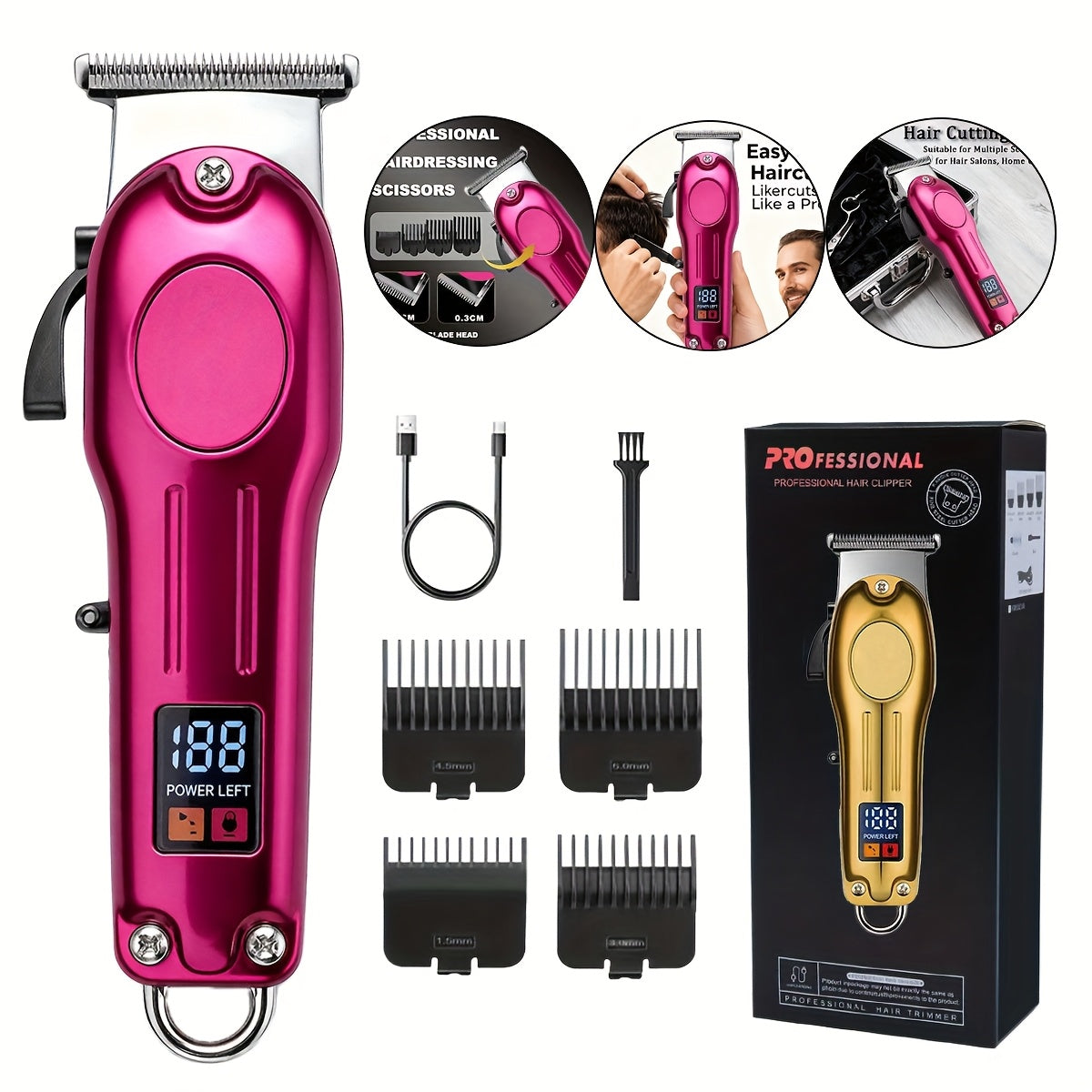 Cordless Hair Clipper Set for Men & Women — Professional Wireless Barber Clippers with T-Blade Trimmer, LED Screen, Adjustable Taper Lever, Rechargeable USB, Steel Blades, Home & Travel Grooming Kit