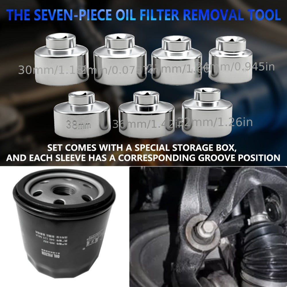 7-Piece Oil Filter Wrench Socket Set – CR-V Steel Hexagonal Cap Wrenches 24mm to 38mm, 3/8-Inch Drive, Universal Fit for Car Oil Filter Removal & Replacement