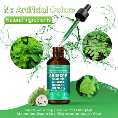 Soursop Bitters Liquid Drops 10-in-1 with Sea Moss Moringa Turmeric Black Seed Oil Oregano Ashwagandha - Natural Herbal Supplement for Immune Support Detox & Wellness 140g
