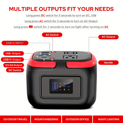 120W 97.68Wh Portable Power Station Solar Generator (without Solar Panel) Lithium Battery Fast Charger, USB C, USB QC3.0, AC Outlets, DC Output And Emergency LED Light for Camping, Hiking, Vacation, Travel, Road Trip And Home Backup Power