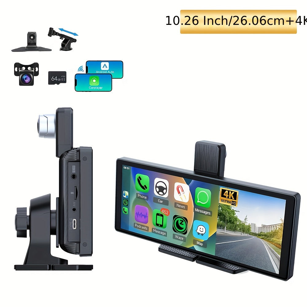 Cinandrow Wireless Carplay Touchscreen With 4K Dash Cam, 10.26" Portable Apple Carplay & Android Auto Car Stereo, Carplay Screen With 2160p Backup Camera, GPS Navigation/Mirror Link/Voice Control/Bt