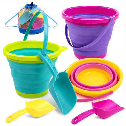 Collapsible Beach Bucket Set 3-Pack with Shovels & Mesh Backpack – Foldable Sand Pail Kit for Kids, Beach Camping Travel Fishing Outdoor Toy, Birthday Party Favor Gift (Yellow/Blue/Green or Pink/Purple/Green)