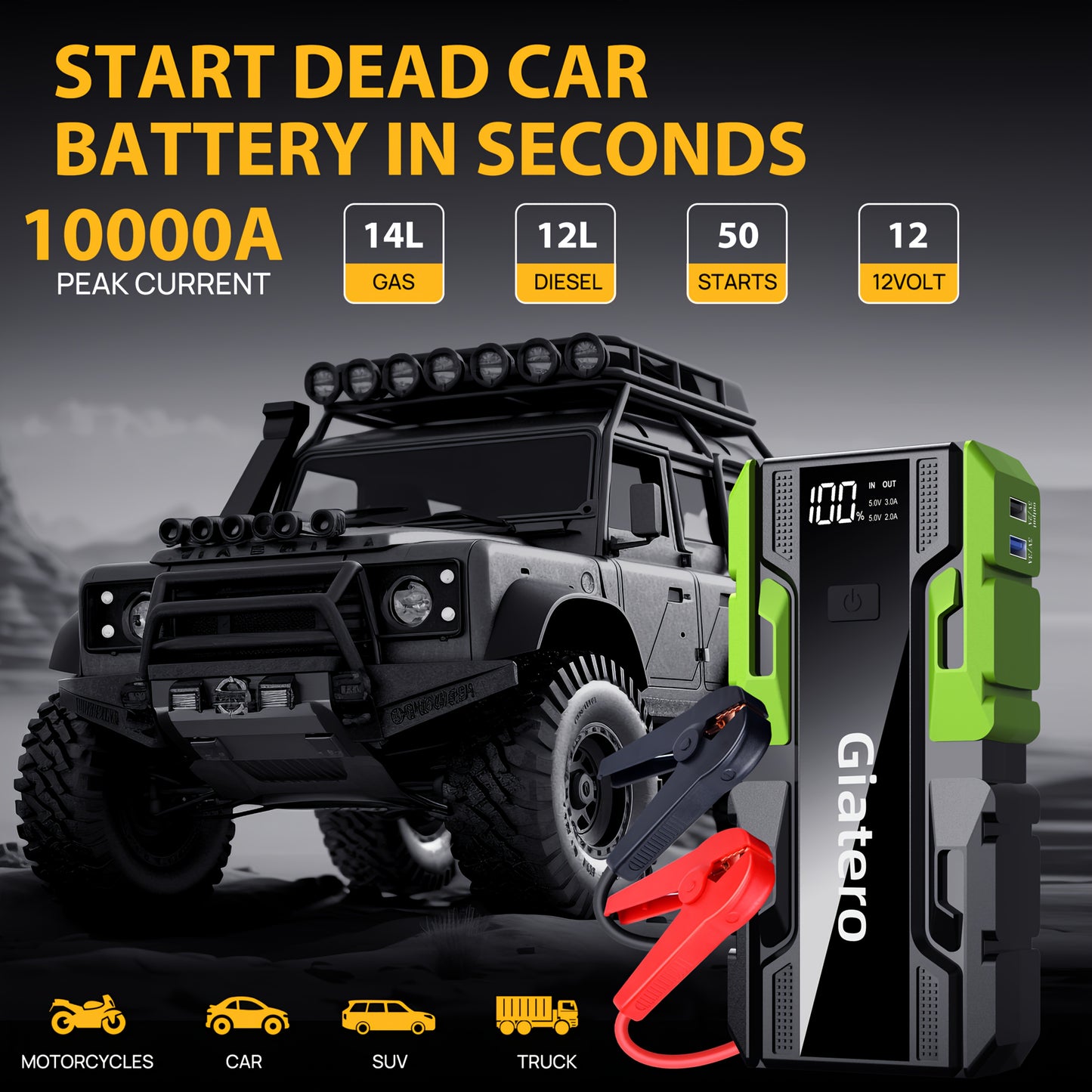 Heavy Duty Jump Starter 10000A with Air Compressor Tire Inflator – Portable 12V Emergency Battery Booster for Engines Up to 14.0L Gas / 12.0L Diesel, Cars, Trucks, SUVs & Motorcycles, Digital Display