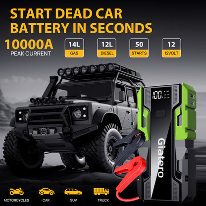 Heavy Duty Jump Starter 10000A with Air Compressor Tire Inflator – Portable 12V Emergency Battery Booster for Engines Up to 14.0L Gas / 12.0L Diesel, Cars, Trucks, SUVs & Motorcycles, Digital Display