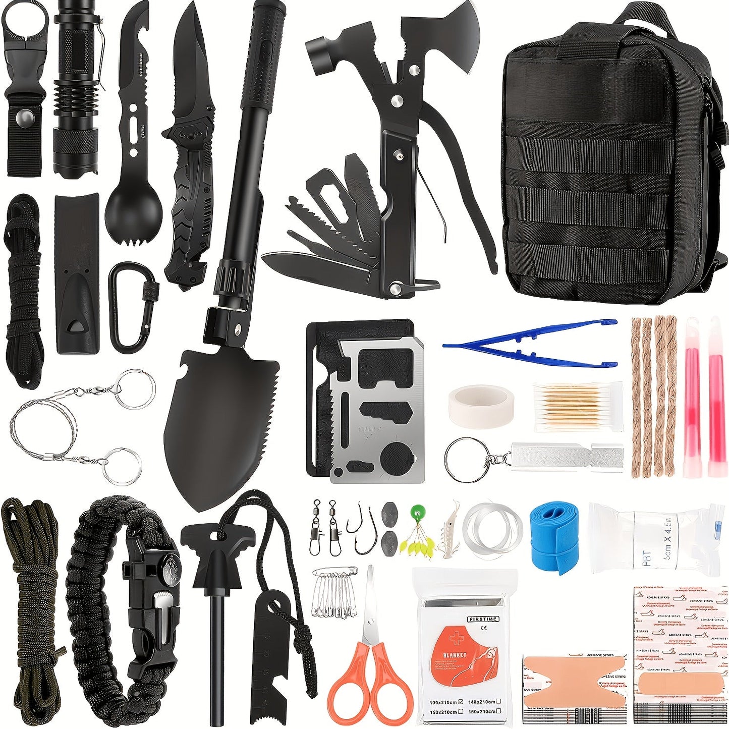 142-Piece Emergency Survival Kit with MOLLE System – Outdoor Gear Set with Axe, Folding Shovel, Knife & Lantern for Camping, Hiking, Hunting & Adventure