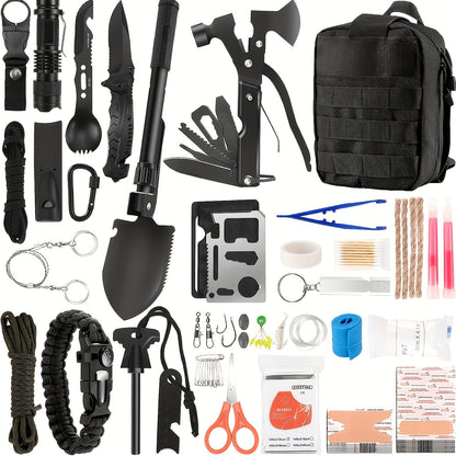 142-Piece Emergency Survival Kit with MOLLE System – Outdoor Gear Set with Axe, Folding Shovel, Knife & Lantern for Camping, Hiking, Hunting & Adventure