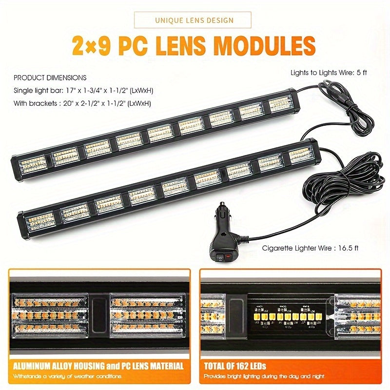 FLYANT Off Road 17.16in Switchable 4 Colors Emergency Strobe Light Bar 162 LED Bar Amber White Red Blue Windshield 2in 1 Visor Safety Flashing Lights DC 12-24V Bar Deck Split W/Take Down for Trucks Construction Vehicles