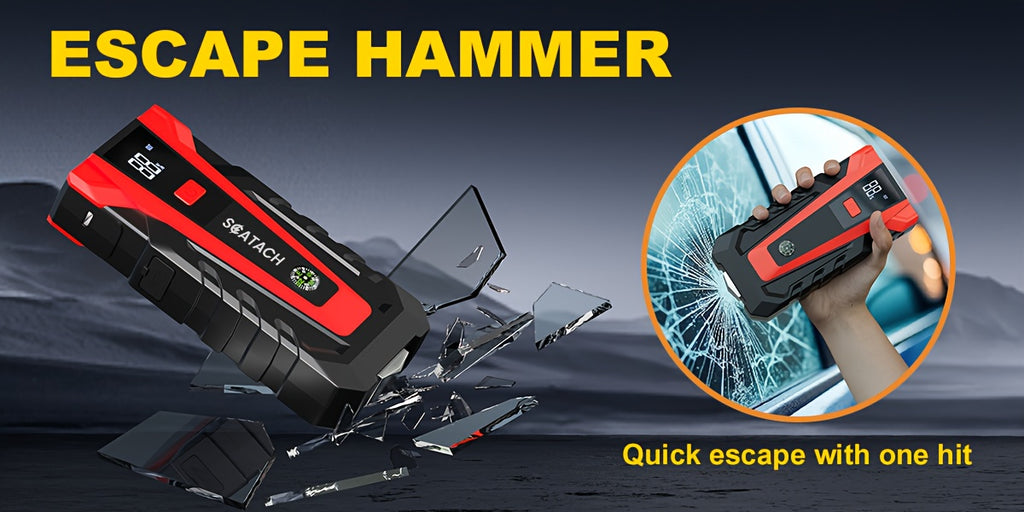 The Car Emergency Starter Power Supply Comes with A Digital Tire Pressure Gauge And Air Pump, A Window Breaker Hammer, And Is Suitable for 12V Cars, Trucks, SUV, Rvs, And Motorcycles. It Features A Multi-Functional Portable LED Display, SOS
