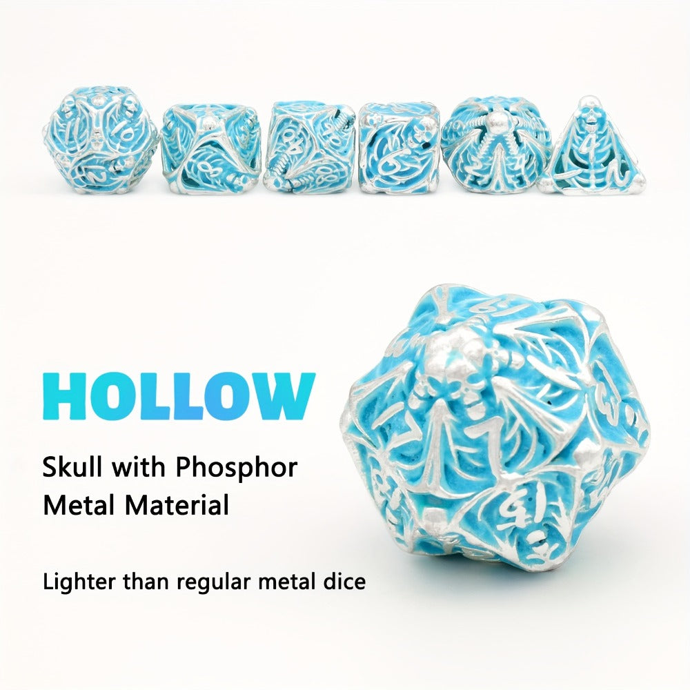 Metal Skull Dice Set 7pcs Glow in the Dark – Hollow UV Fluorescent Polyhedral DnD RPG Dice for Dungeon Masters, Skeleton Design Blue, Tabletop Gamer Gift Halloween Christmas Birthday