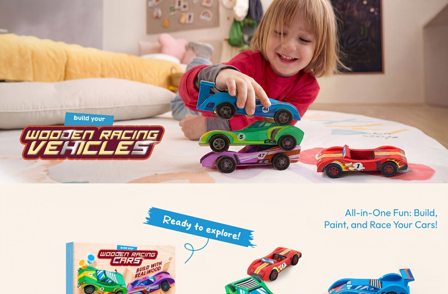 DIY Wooden Race Cars 4pcs Build & Paint Kit for Kids Ages 8+ – 44 Pre-Cut Pieces 12 Colors Racing Stickers, Paint Your Own Wood Craft Toy STEM Arts Crafts Birthday Gift for Boys Girls