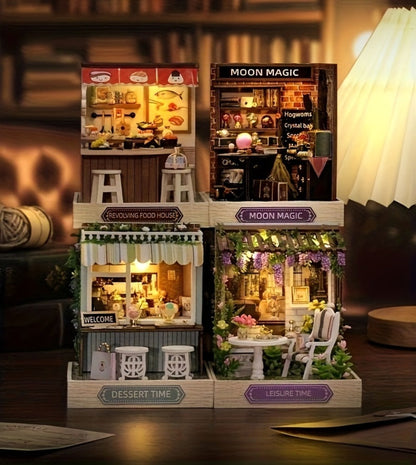 DIY Wooden Tiny House Kit with Dust Cover – Handmade Miniature Dollhouse Puzzle, 3 Themes Afternoon Tea Rotating Food House Moon Magic, Creative Home Decor Gift for Adults & Teens Birthday Christmas
