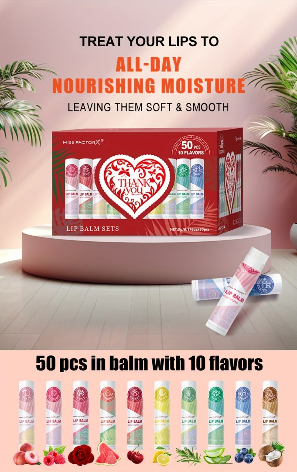 Fruit Flavored Lip Gloss Set 50 Pieces – Moisturizing Lip Balm Kit in 10 Colors, Hydrating Lip Care for Dry & Cracked Lips, Day & Night Use, Holiday Gift Set for Women & Girls