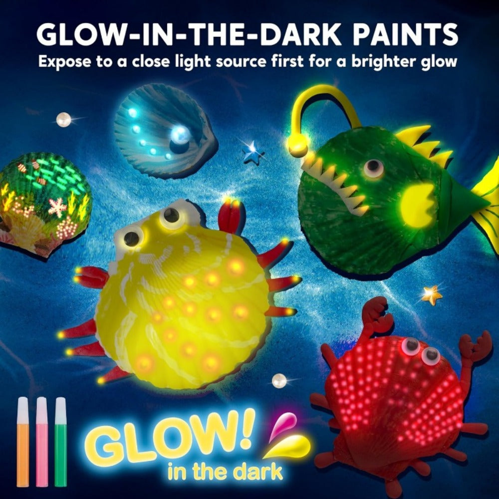 Glow in the Dark Seashell Painting Kit for Kids – 12 Real Sea Shells with Non-Toxic Acrylic Paints & Brushes, Ocean STEM Arts and Crafts for Boys Girls Ages 6-12