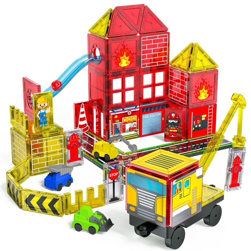 Magnetic Tiles Firefighting Theme Building Set for Kids – Fire Truck Fire Station Roads Crane & Car Toys, STEM Educational Magnetic Blocks for Boys Ages 3 4 5 6, Birthday Gift for Young Builders