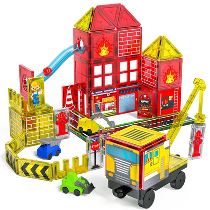 Magnetic Tiles Firefighting Theme Building Set for Kids – Fire Truck Fire Station Roads Crane & Car Toys, STEM Educational Magnetic Blocks for Boys Ages 3 4 5 6, Birthday Gift for Young Builders