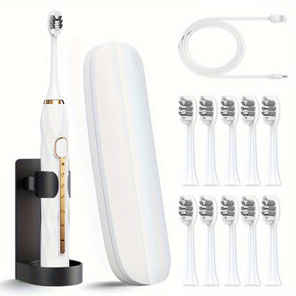Sonic Electric Toothbrush IPX8 Waterproof USB Rechargeable with 10 Replacement Heads, Intelligent Timer, Travel Case & Charging Base – 5 Colors for Men & Women