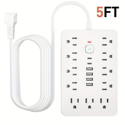 Surge Protector Power Strip 17-in-1 with 11 AC Outlets 4 USB-A 2 USB-C Ports Flat Plug Extension Cord Space-Saving Compact Design for Home Office Kitchen Desk Wall Charging Station