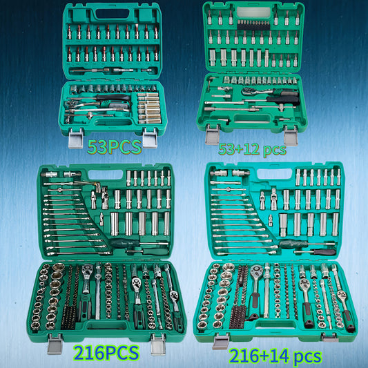 53+12/53/216/216+14pcs Tool Sets, MechanicTool Kits For Auto Repair, 1/2 *1/4" 3/8 "Drive Depth And Standard Sockets, Professional Racing Grade Auto Parts Repair Fast Ratchet Wrench And Other Auto Repair Accessories Combination Tool Kit