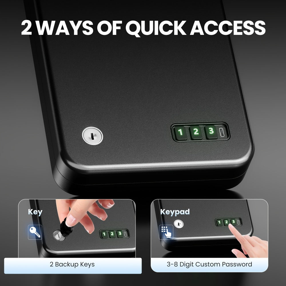Gun Safe - Portable Pistol Safe Box with Electronic Password & Key Access, USB-C Powered, Silent Mode, Compact Security Lock Box for Home, Car, Travel, Office & Dorm