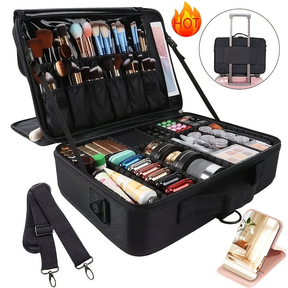 Professional Makeup Train Case 3-Layer 15.8 Inch Large Cosmetic Organizer with Adjustable Dividers Brush Holder Shoulder Strap for Makeup Artist Travel Studio Black