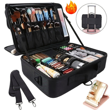 Professional Makeup Train Case 3-Layer 15.8 Inch Large Cosmetic Organizer with Adjustable Dividers Brush Holder Shoulder Strap for Makeup Artist Travel Studio Black