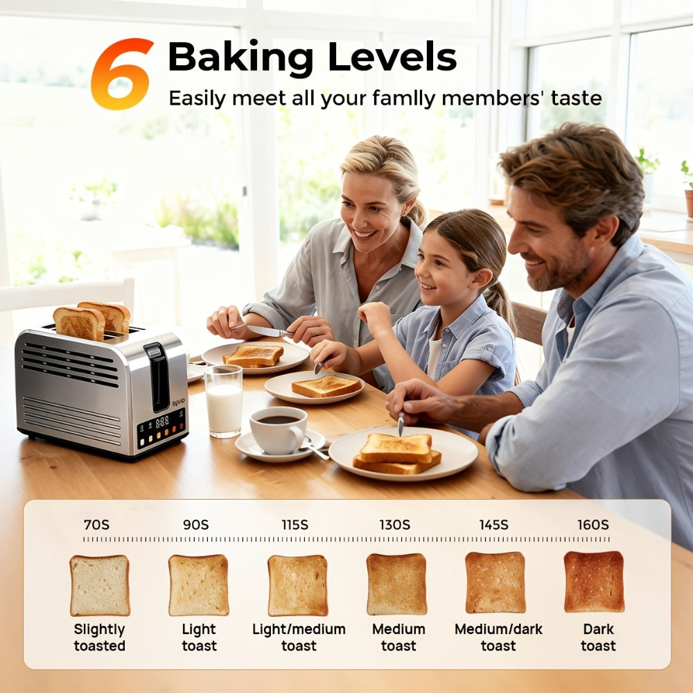 Toaster 2-Slice Stainless Steel Smart Touchscreen – 5 Bread Types, 6 Browning Levels, Wide Slots, Temperature Control, Removable Crumb Tray, Compact Kitchen Toaster