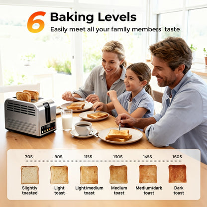 Toaster 2-Slice Stainless Steel Smart Touchscreen – 5 Bread Types, 6 Browning Levels, Wide Slots, Temperature Control, Removable Crumb Tray, Compact Kitchen Toaster