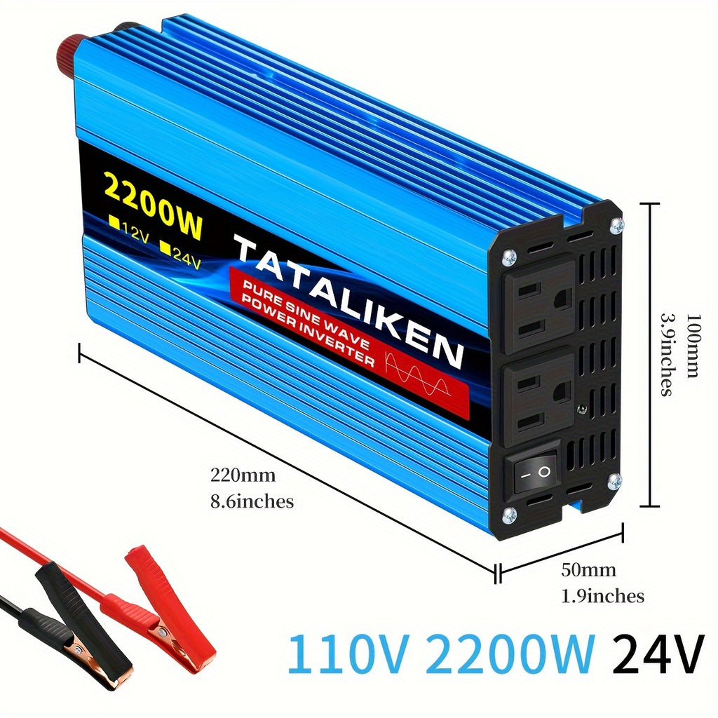 TATALIKEN 2200Watt Pure Sine Wave Inverter, 12V/24V DC to 110V AC | 2 AC Output Outlets, Suitable for RVs, Trucks, Off-grid Systems, Homes And Vehicles, Truck Power Supplies, Electronic Accessories, Batteries Not Included.