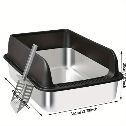 Stainless Steel Cat Litter Box with High Sides & Lid - Metal Litter Pan Anti-Leak Non-Stick Easy Clean Indoor Cat Toilet with Scoop, M & L Sizes