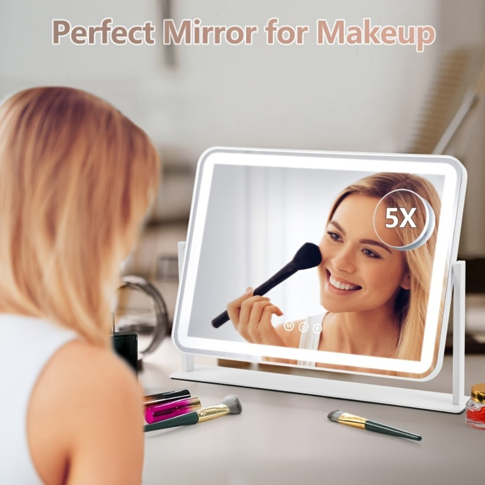 Lighted Makeup Mirror with 5X Magnification - LED Vanity Mirror with 3-Color Adjustable Lighting, Smart Touch Control, 360° Rotation, Tabletop Illuminated Mirror for Dressing Table, Makeup Desk & Bathroom