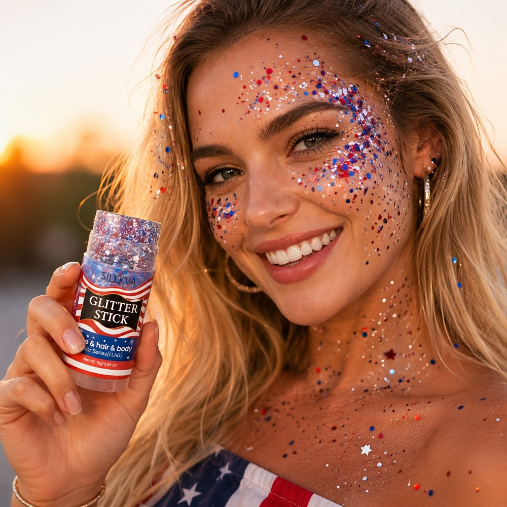 Glitter Makeup Stick Red & Blue Multi-Use Glitter Gel for Face Hair & Body – Patriotic American Flag Theme for July 4th Independence Day Sports Events & Stage