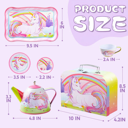 Unicorn Tea Party Set for Girls – Pretend Play Pink Tin Teapot with Cups, Plates & Carrying Case, Magical Rainbow Design, Birthday Christmas Gift for Kids Ages 3+