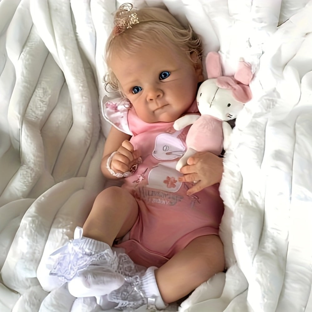 Realistic Reborn Baby Doll 22 Inch Full Vinyl Body Hand-Rooted Hair Open Eyes Lifelike Newborn Girl with Visible Veins Capillaries Detailed Nails – Collectible Photography Prop Baby Shower Gift for Collectors