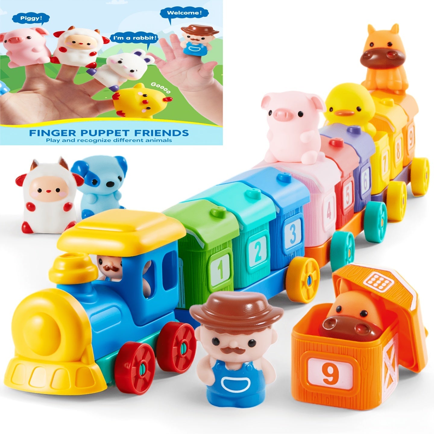 Farm Number Train Learning Toy for Toddlers with 9 Farm Animals & Farmer – Counting Sorting Matching Educational Train Set for Baby Boys Girls Ages 1-3 Birthday Christmas Gift