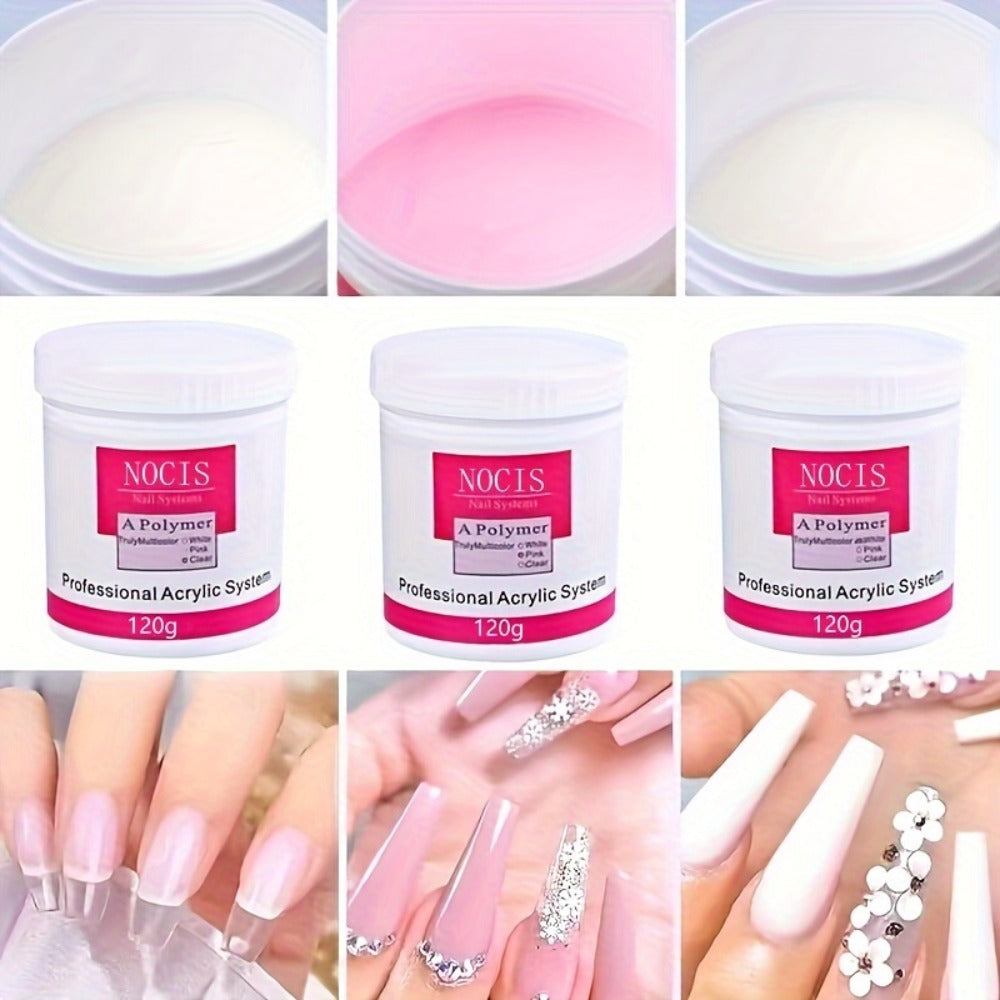 Crystal Acrylic Powder 120g White Pink Clear — Professional Nail Extension Powder for Carving 3D Nail Art Salon & Home Use Beginner to Tech