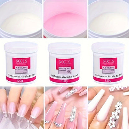 Crystal Acrylic Powder 120g White Pink Clear — Professional Nail Extension Powder for Carving 3D Nail Art Salon & Home Use Beginner to Tech