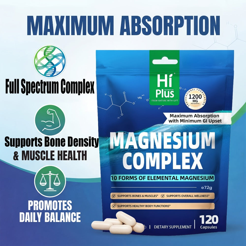 Magnesium Glycinate Complex 1200mg 10-in-1 Full Spectrum Vegan Capsules for Deep Sleep Calm Anxiety Relief Heart Bone & Nerve Health — High Absorption Gentle on Stomach 120 Capsules Women & Men