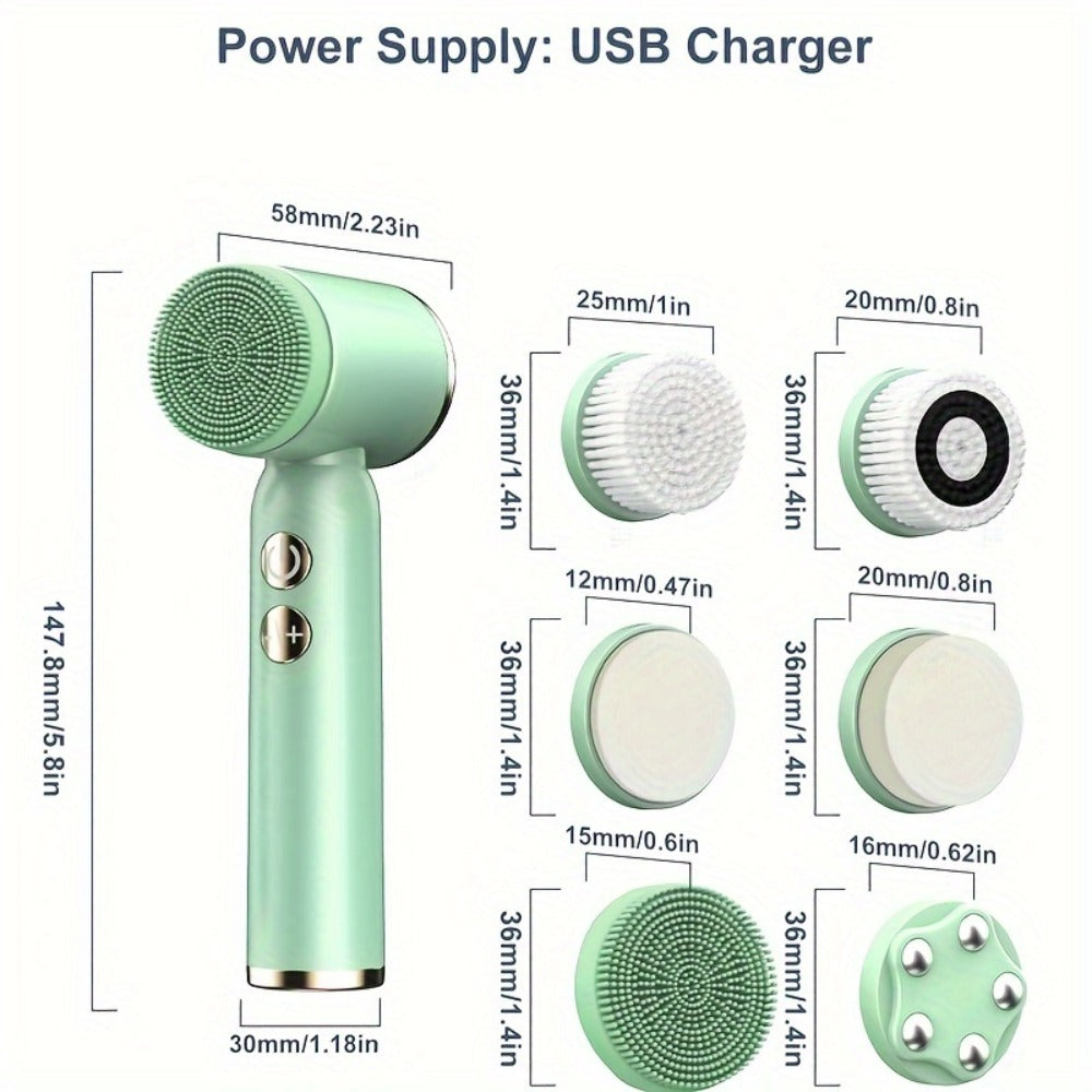 EMS Microcurrent Face Massager Skin Tightening Device V-Face Lifting Double Chin Reducer Neck Rejuvenation 6-in-1 Brush Heads 3-Speed USB Rechargeable Portable Beauty Tool for Women