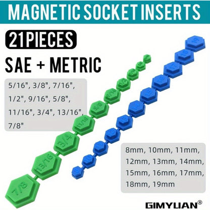 Magnetic Socket Set 21pc - SAE & Metric, 5/16"-7/8" & 8mm-19mm, Color-Coded Hex Profile, Magnetic Tip for Car Repair, Mechanics & DIY Home Projects