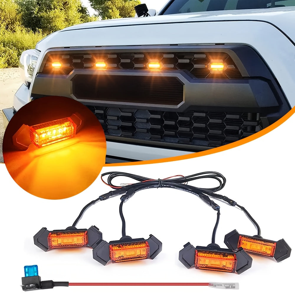 4pcs LED Amber Off-Road Vehicle Lights, LED Grille Lights Set of 4, Amber Accent Lighting Kit for Vehicle Front Grill, 12V Hardwired Automotive Decoration Lights, Universal Fit with LED Source, No Battery Required