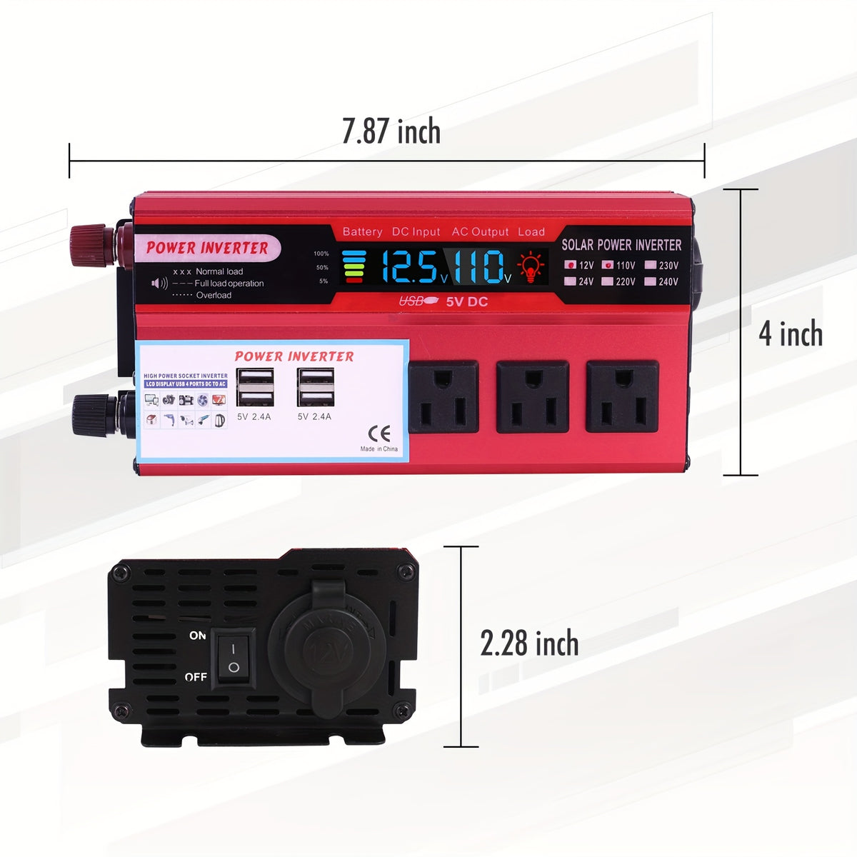 5500W Peak Power Inverter, Car Pure Sine Wave Inverter DC 12V to AC 110V, with LCD Digital Display And 4 USB Ports, 3 US Sockets, Fast Charging for Vehicles Trucks Rvs And Outdoor, Without Battery