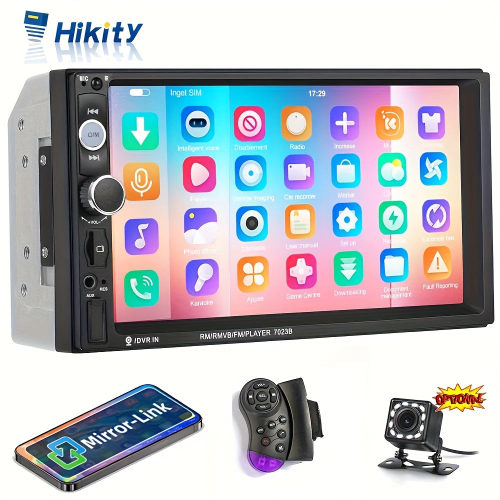 HIKITY Double Din Car Stereo Featuring a 7-Inch Touch Screen, Compatible with AUX/USB/TF Card/Mirror Link/Steering Wheel Control, Plus an Optional Backup Camera, Without Battery
