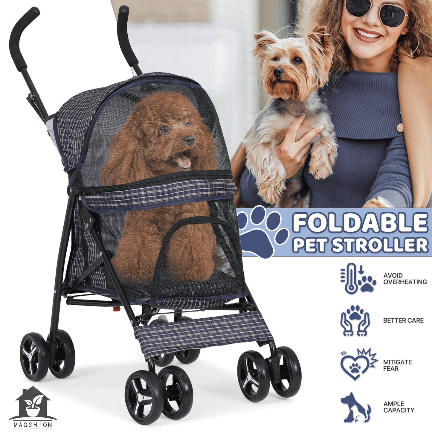 Pet Dog Cat Stroller with 4 Wheels - Foldable Jogger Pet Stroller for Small Medium Dogs & Cats up to 33 lbs, Breathable Mesh Windows, 360° Swivel Wheels, Cup Holder & Storage Basket, 10 Colors